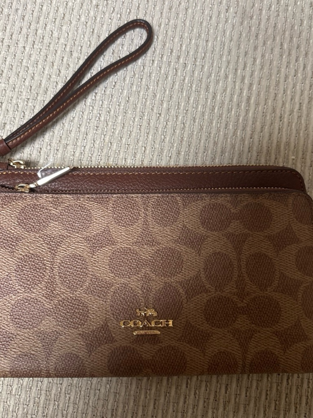 Coach Brown Signature Zip Wristlet with Gold Logo
